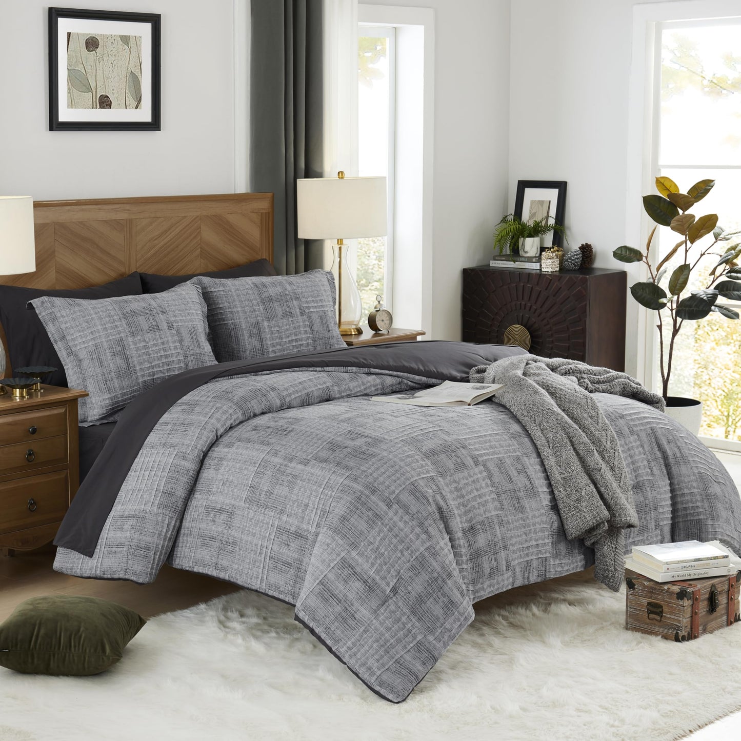 MaiRêve Charcoal Grey Queen Comforter Set, Textured Design Grey Crinkle Bed in A Bag Queen Size, Queen Comforter Set with 7 Pieces with Comforter, Sheets, Pillowcases & Shams 90"x 90"