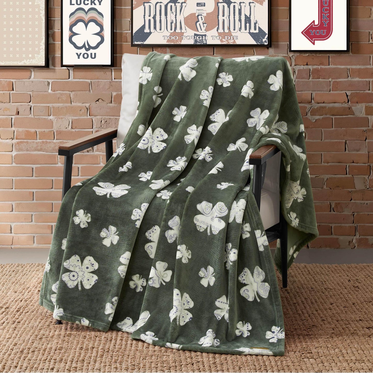 Lucky Brand 50" x 70" Plush Throw Blanket, Clover Green Blanket for Sofa or Bed
