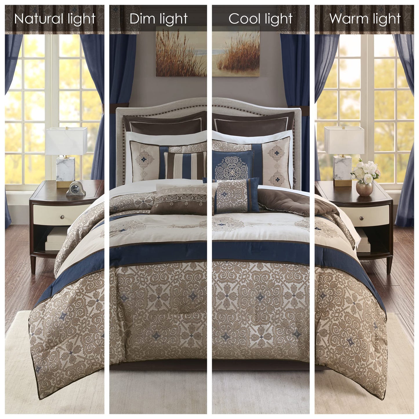 Madison Park Essentials Delaney 24-Piece Room In A Bag Comforter Set-Satin Jacquard All Season Luxury Bedding, Sheets, decorative pillows and Curtains, Valance, Queen (90 in x 90 in), Medallion Navy