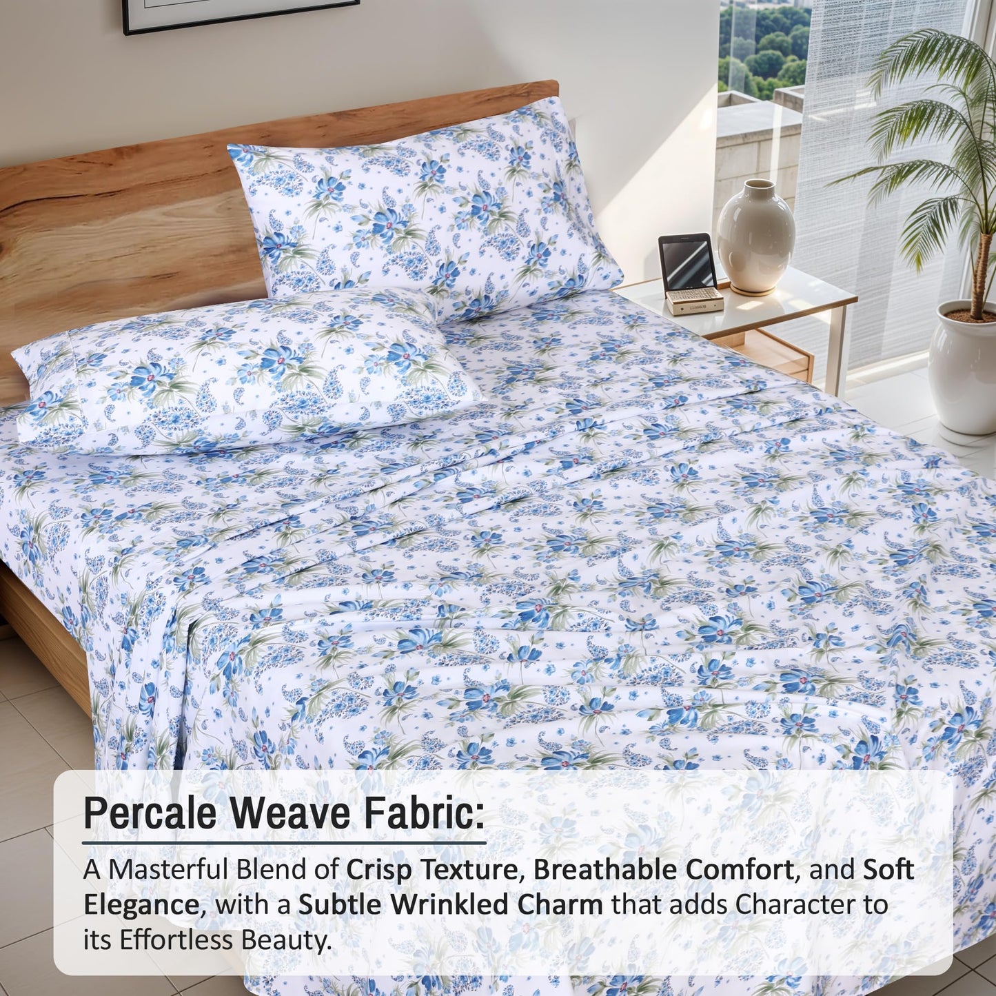 RUVANTI 100% Cotton Sheets Queen Size Set, 4 Pieces, Soft & Breathable Percale Weave Bedding, Deep Pocket 16", Hotel Standard, Crisp Cool Feeling, Durable, Perfect Floral Bed Sheet, Paislyona