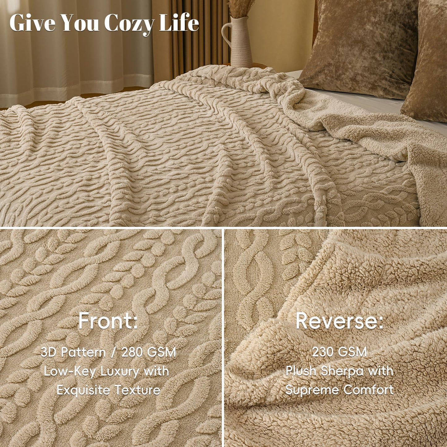 PHF Ultra Soft Sherpa Fleece Blanket Queen Size 90" x 90", 510GSM Fleece Lightweight Yet Warm Blanket for Winter Bed, No Shedding, No Pilling, Tufted Jacquard for Luxury Home Decor, Khaki