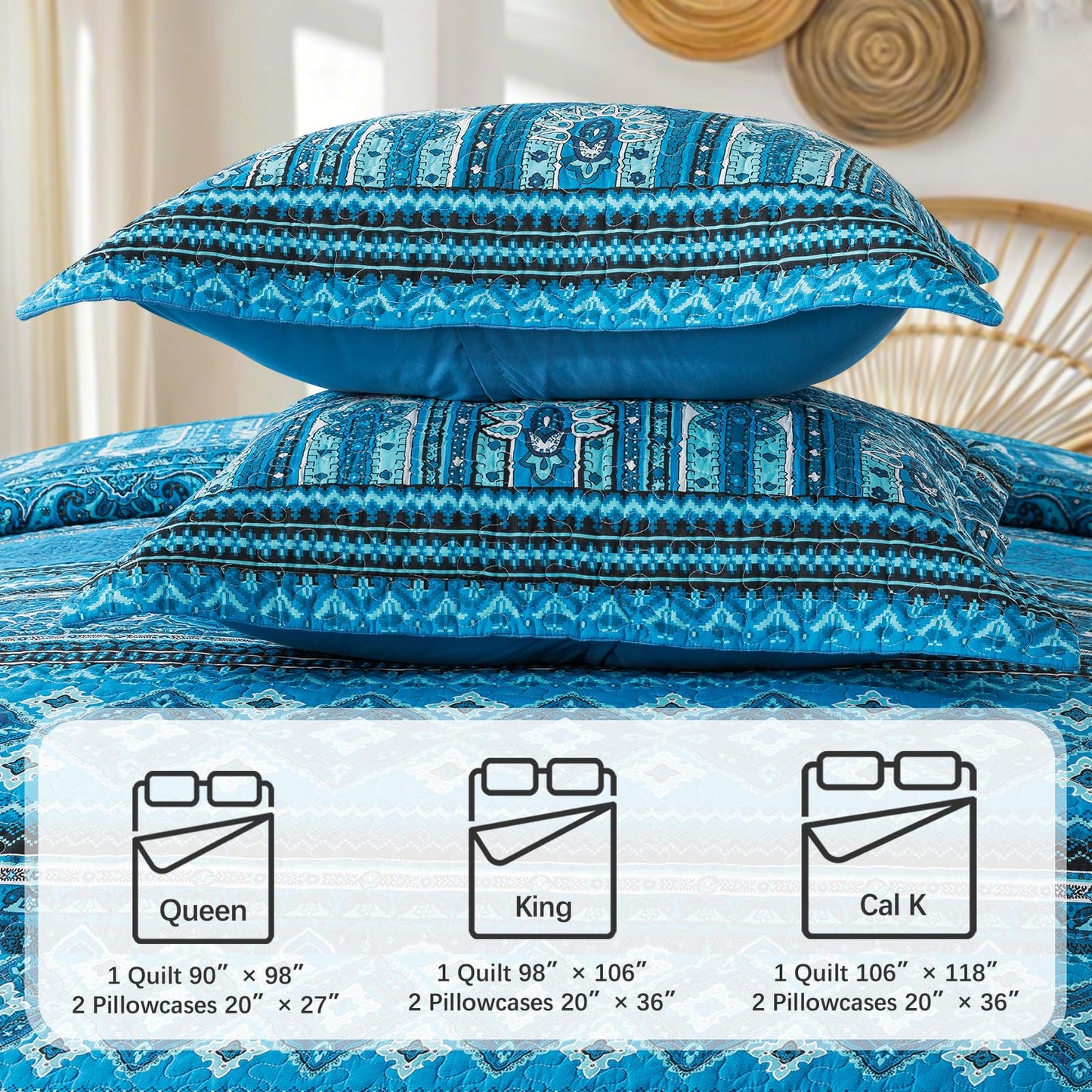 TWINRUN Cotton Quilts Queen Size, 3 Pieces Queen Quilt Bedding Set (90 x 98 Inch), Lightweight Boho Quilts Queen Size for Bed, Blue Stripes Bedspreads for All Seasons, Machine Wash