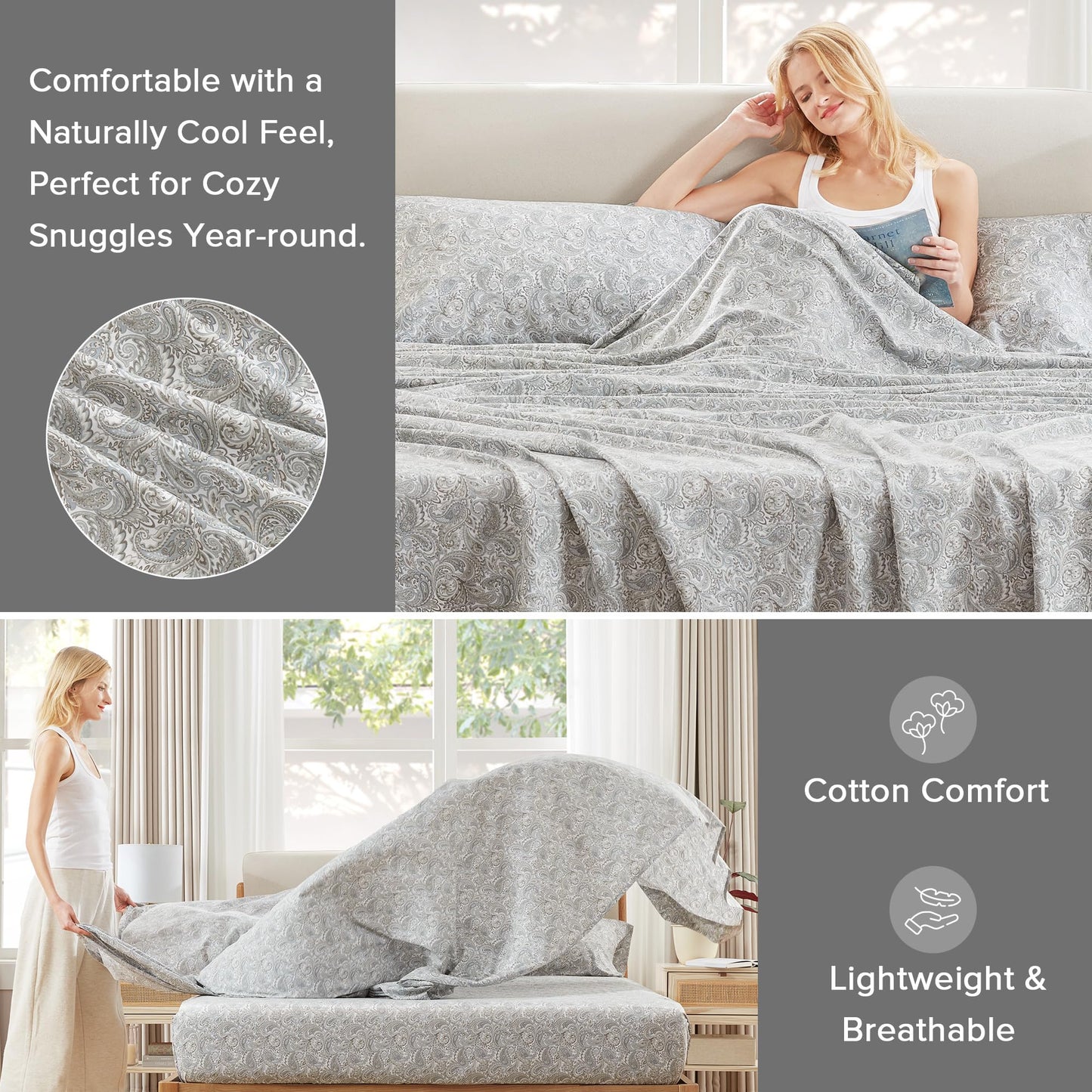 Comfort Spaces 100% Cotton Sheet Set Breathable, Lightweight, Soft with 14" Elastic Pocket Fits up to 16" Mattress, All Season Cozy Bedding, Matching Pillow Case, Cal King Paisley Multi 4 Piece