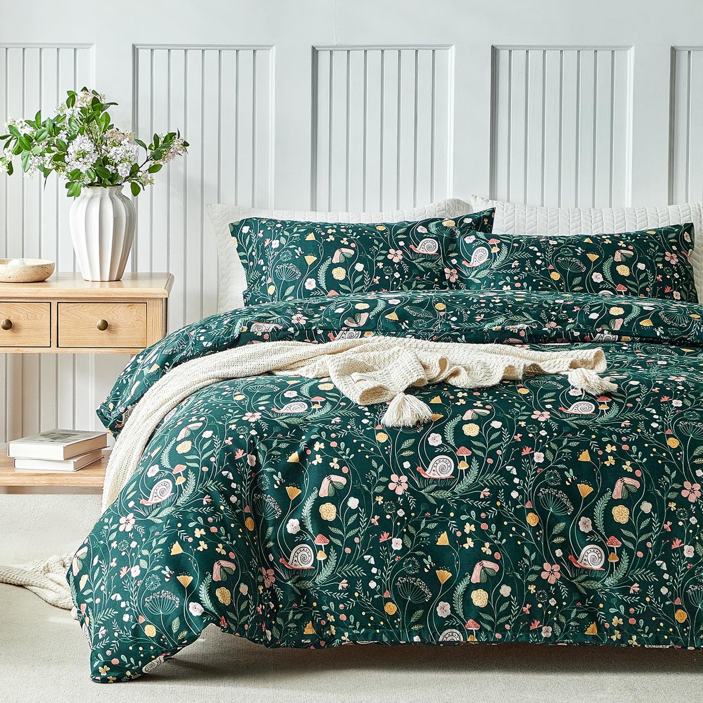 Lekesky King Size Reversible Duvet Cover, Duvet Cover King Size 3 Piece Insect World Microfiber Botanical Bedding Set with Zipper Closure 8 Corner Ties