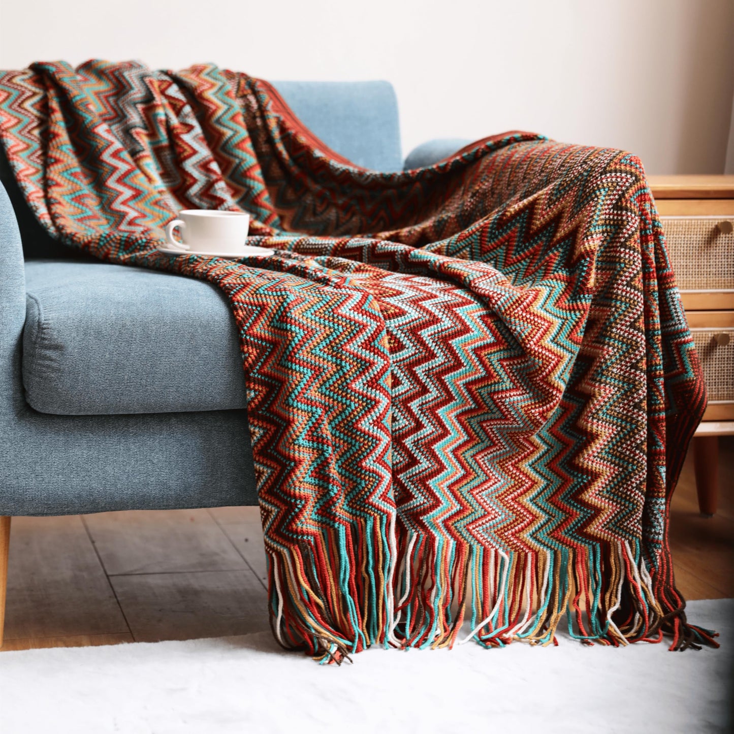 D DODOU Boho Bohemian Throw Blanket for Couch Sofa Bed, Soft Cozy Lightweight Boho Blankets Knitted with Tassel, Decorative Blanket All Season 50x60 inches (Red)