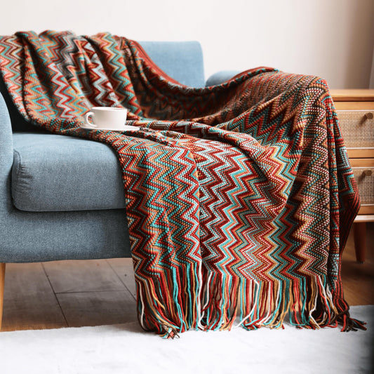 D DODOU Boho Bohemian Throw Blanket for Couch Sofa Bed, Soft Cozy Lightweight Boho Blankets Knitted with Tassel, Decorative Blanket All Season 50x60 inches (Red)