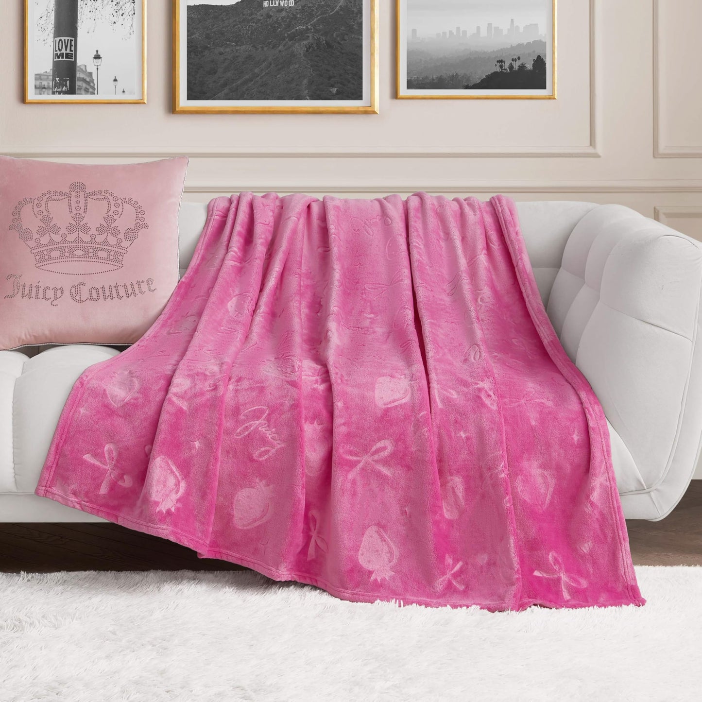 Juicy Couture Embossed Plush 60"x70" Oversized Throw Blanket, Berry Bow Hot Pink