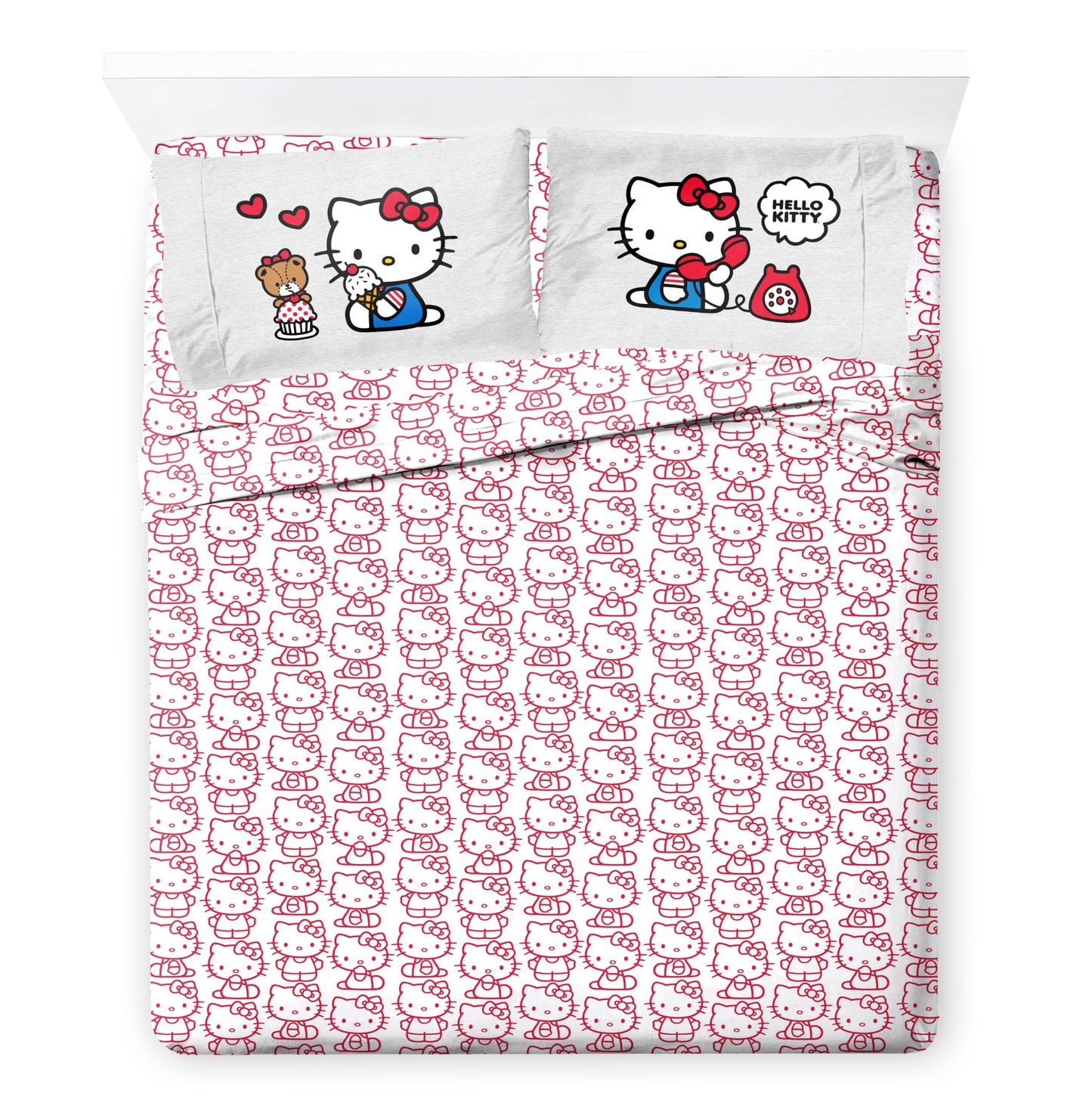 Jay Franco Sanrio Hello Kitty Queen Size Comforter Set - 7 Piece Red & Grey Bedding Includes Sheet Set & Pillow Covers - Super Soft Cozy Kawaii Bedding
