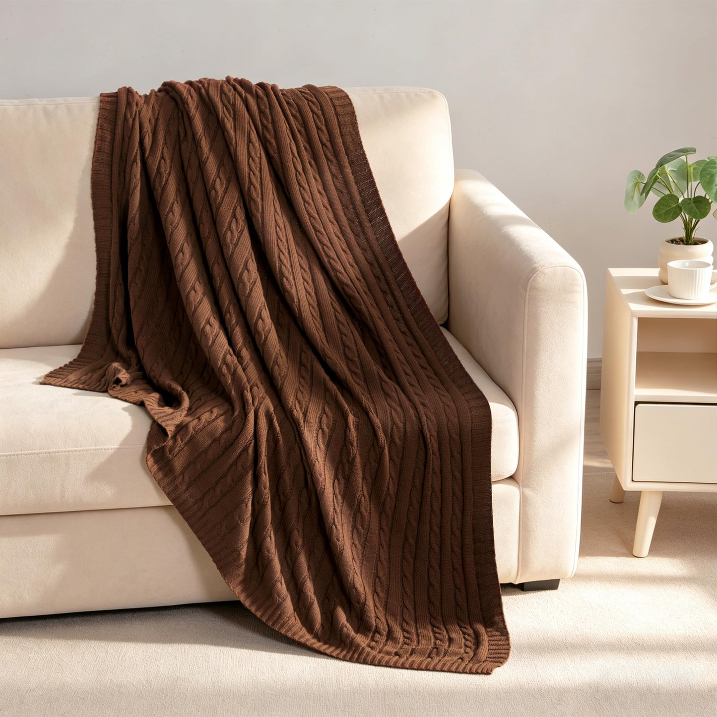 NTBAY 100% Pure Cotton Cable Knit Throw Blanket, Super Soft Warm 51x67 Knitted Throw Blanket for Couch, Sofa, Chair, Bed - Extra Cozy, Machine Washable, Comfortable Home Decor, Brown