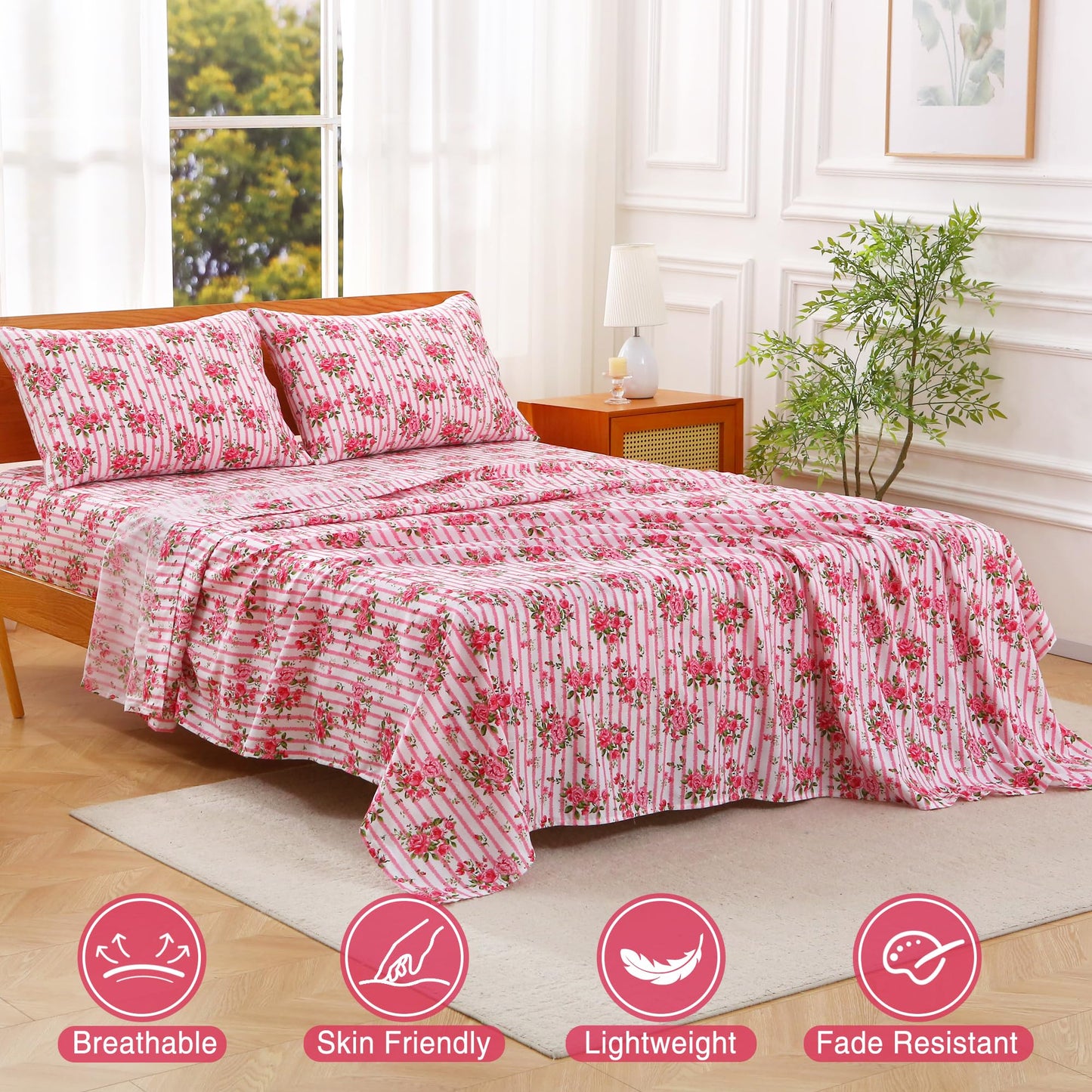 Viviland Full Bed Sheet Set - 4 Piece Double Brushed Microfiber Bedding - Deep Pocket Up to 15", Ultra Soft, Breathable & Wrinkle Resistant Skin-Friendly Cooling Sheets for Adult - Heritage Rose(F)