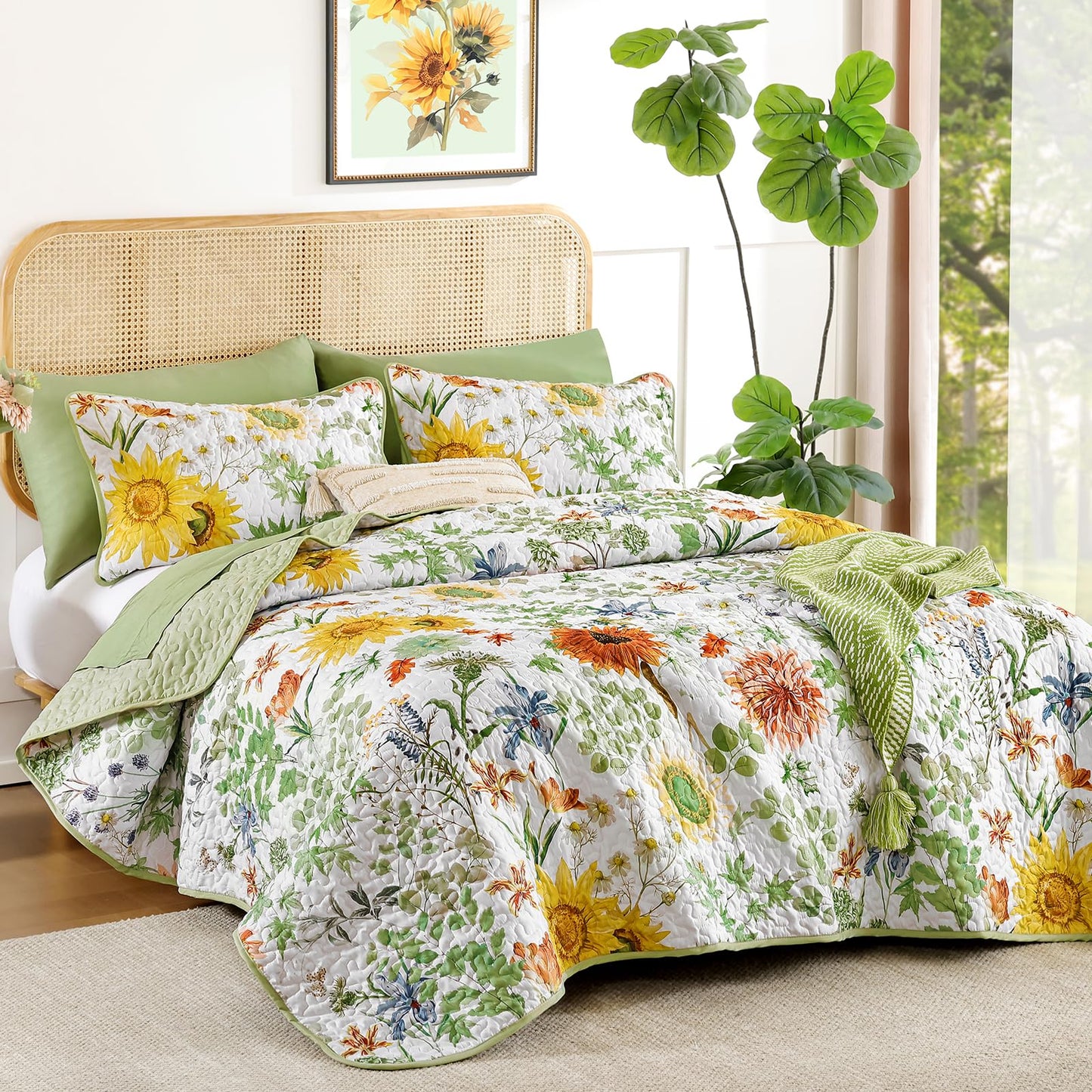 Yiran Floral King Quilt Bedding Set, Sage Green Sunflower Colorful Bedspreads, 3 Pieces Summer Soft Lightweight Coverlet with 2 Pillow Shams for All Season 106x90 Inch