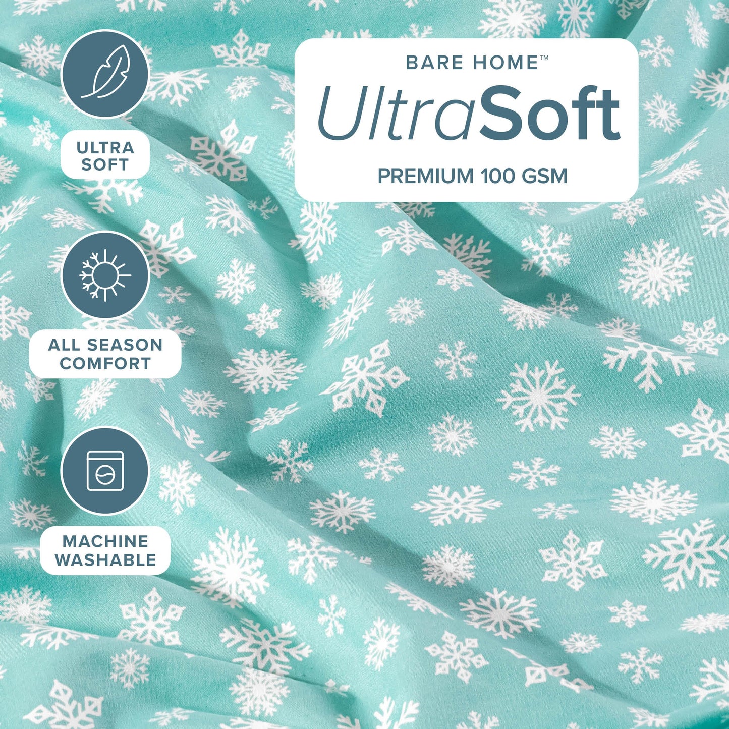 Bare Home Queen - Christmas Sheet Set - Luxury 1800 Ultra - Double Brushed Soft Microfiber - Deep Pockets - Easy Fit - 4 Piece Set - Holiday Bed Sheets (Queen, Snowdrift)