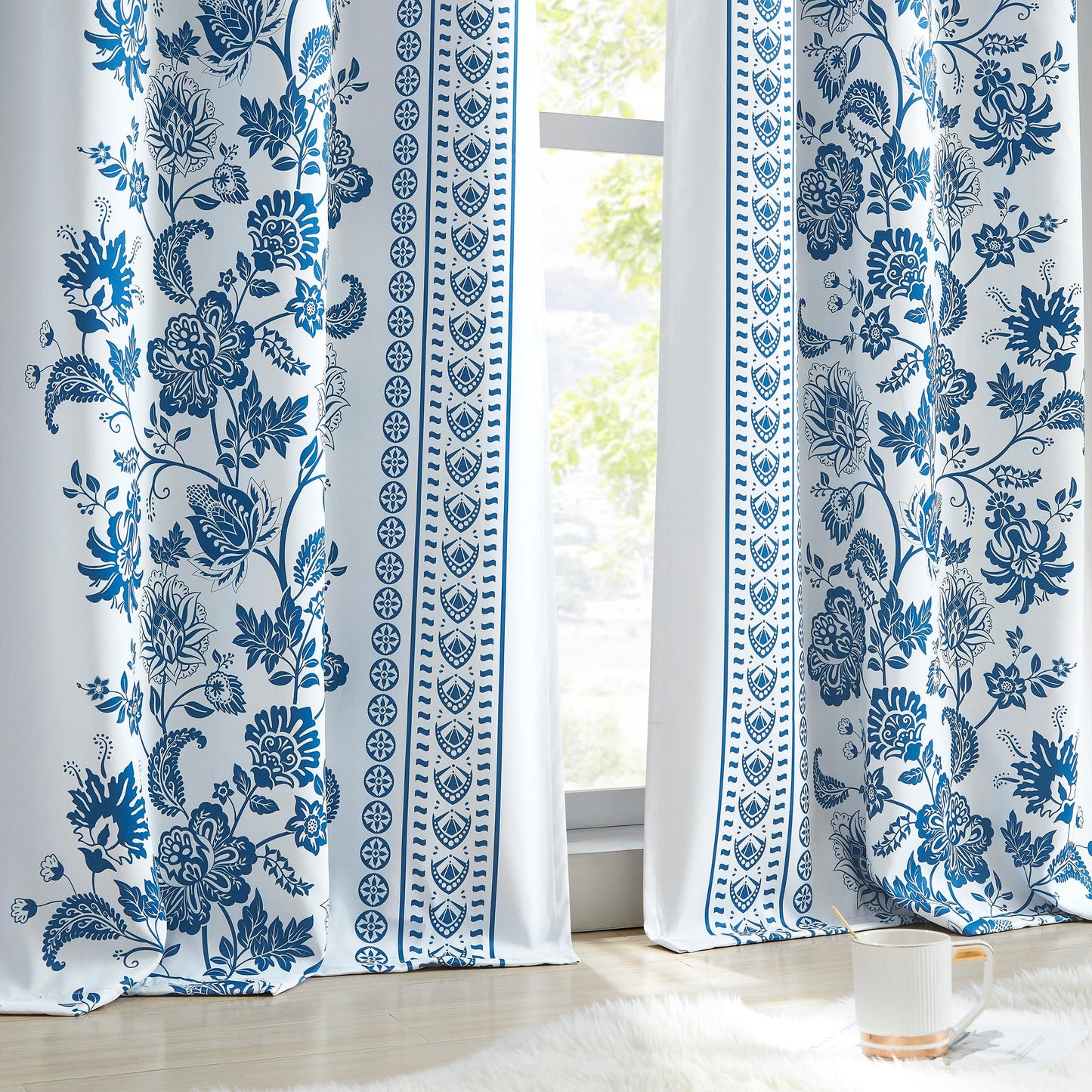 Jubilantex Botanical Blackout Window Curtain 95" Long Noise Reducing Thermal Insulated Window Treatments for Bedroom Grommet 52" W,Navy/Greyish White