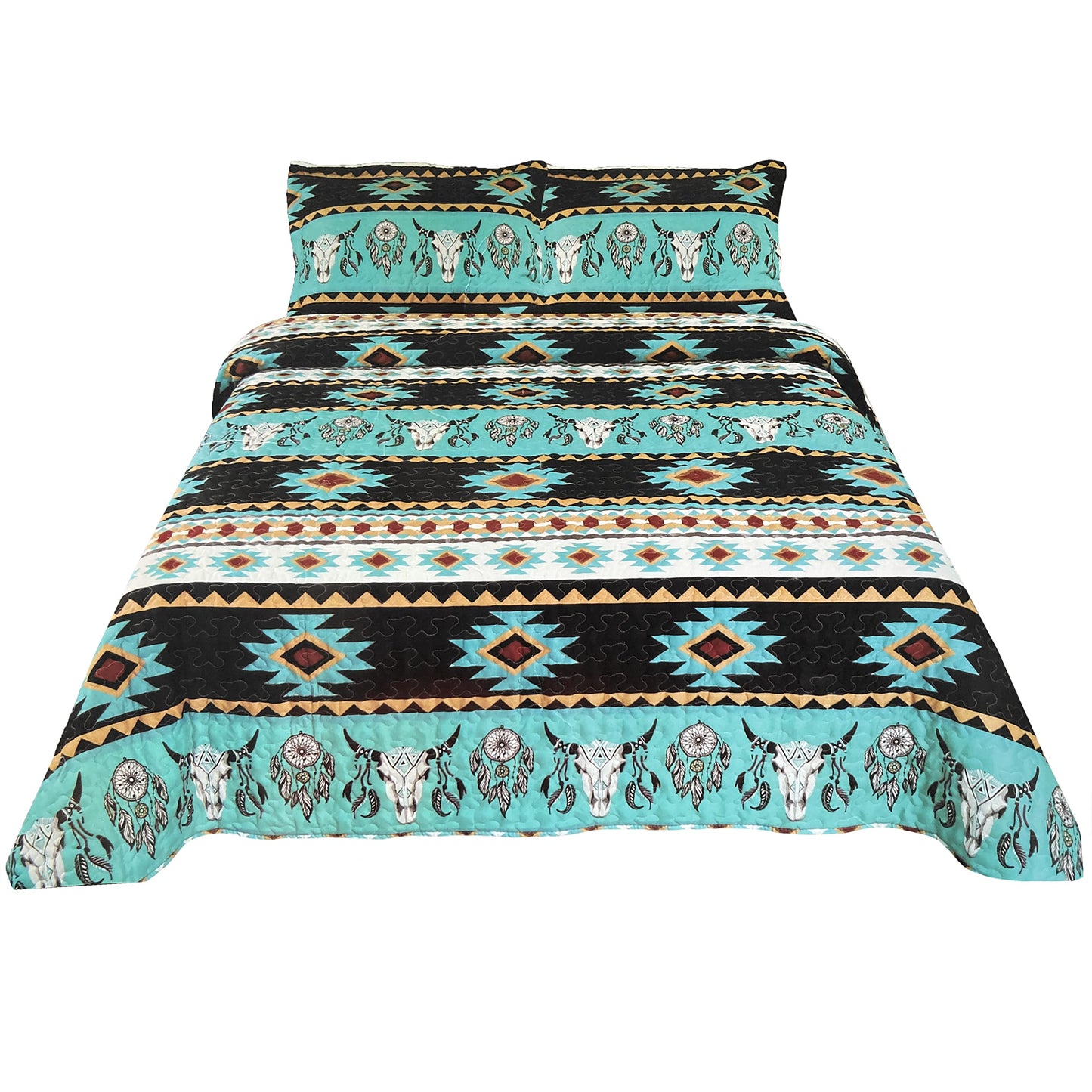 Western Peak Bull Skull Native Tribal Feather Artisan Southwestern Boho Design Quilt Bedding Set with Pillows (3 Piece Black Teal, Queen)