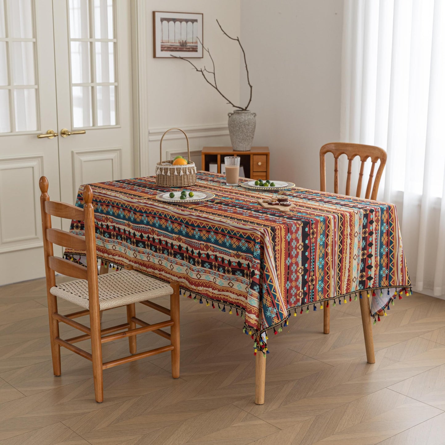 Erbnaryx Handblock Print Tablecloth for Square Tables, Red Table Cover with Fringed Edges, Decorative Tablecloth for Kitchen and Dining Room,59"x 70"