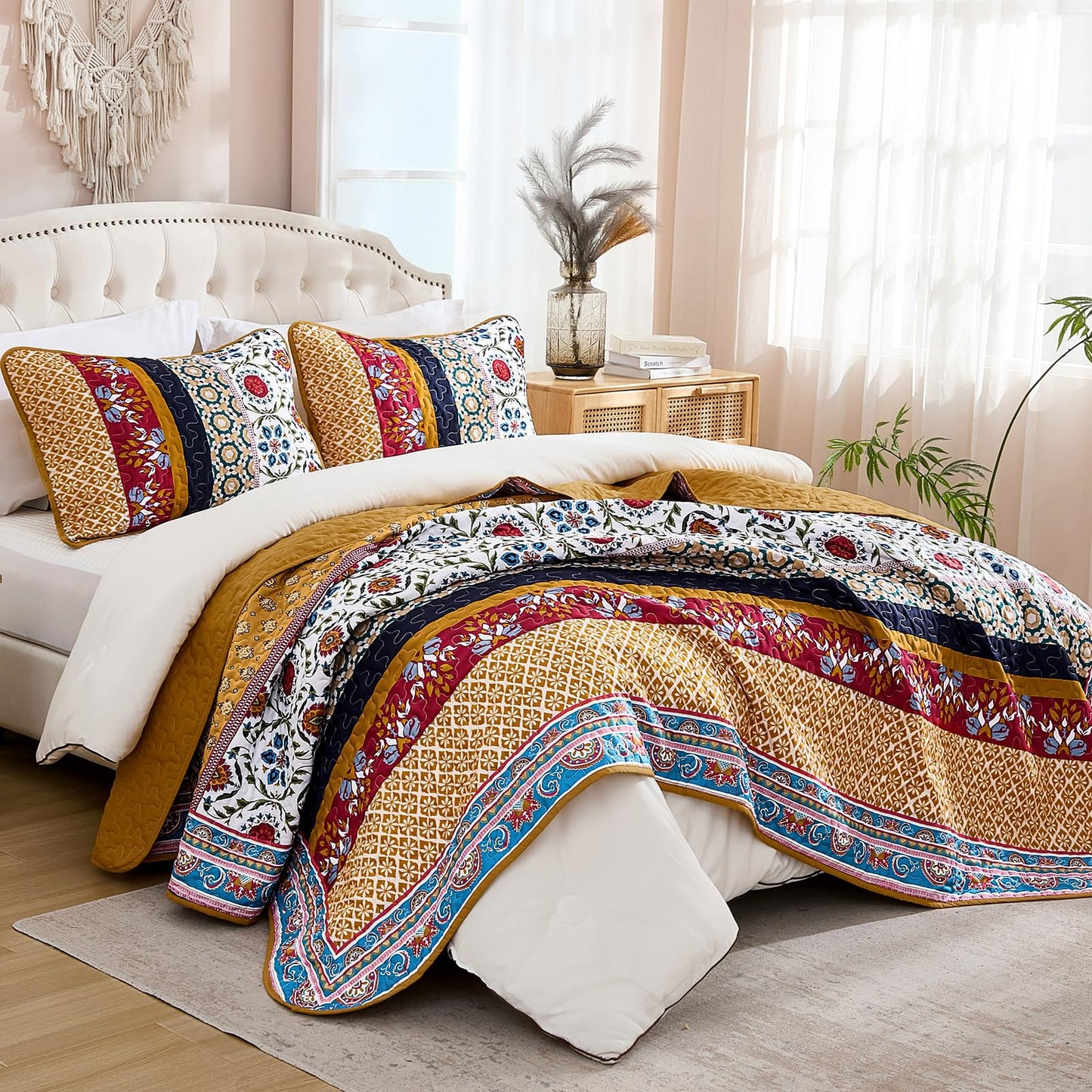 Yiran Boho Quilt Set King Size, Fall Tango Orange Patchwork Bedspreads Bedding Set, Lightweight Bohemia Farmhouse Coverlet Set 110x90 Inch