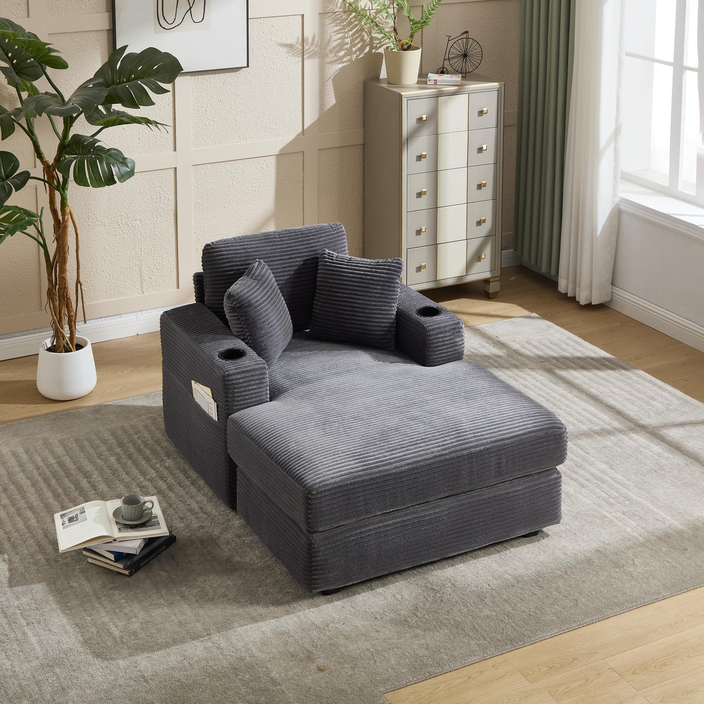 Eafurn Oversized Chaise Lounge Chair Indoor, Modern Corduroy Sleeper Daybed with 2 Cup Holders and Side Pockets, Comfy Upholstered Reading Chair with Solid Wood Frame for Living Room, Bedroom