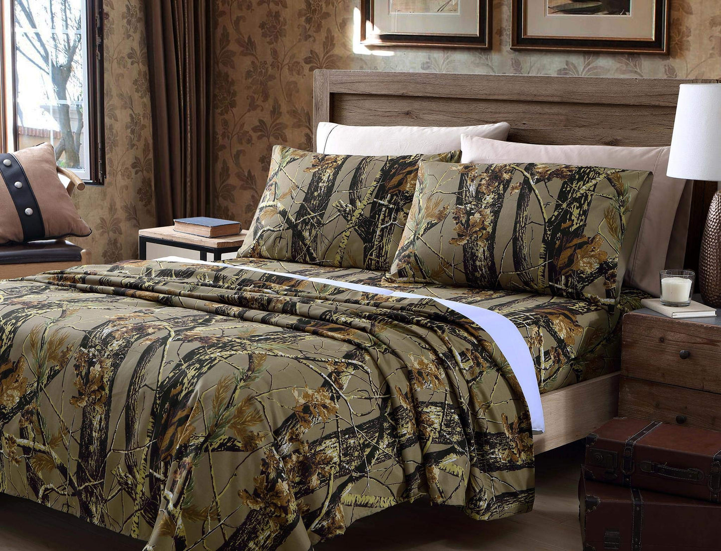 Chezmoi Collection Salem 4-Piece Cabin Lodge Forest Woods Sheet Set - Nature Camo Tree Leaves Printed Soft Microfiber Sheets - King, Natural