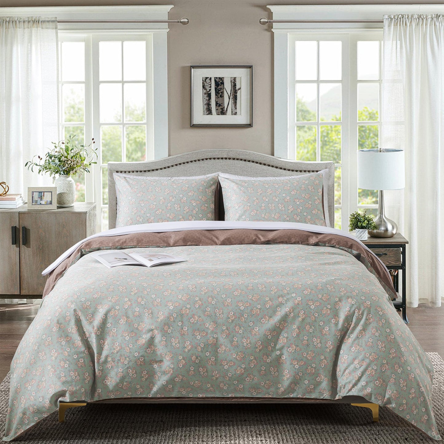 HoneiLife Wildflower Duvet Cover King - 100% Cotton Comforter Cover Sets, Floral Duvet Cover Sets, Botanical Bedlinen Set with Zipper Closure & Corner Ties