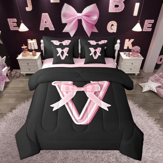 jejeloiu Kawaii Pink Bow Twin Comforter Set with Sheets,Gifts for Women Teen Girl,Monogrammed 7 Piece Bedding Set,Soft Personalized Initial Letter V Bed in a Bag with Comforter,Sheets,Pillowcases