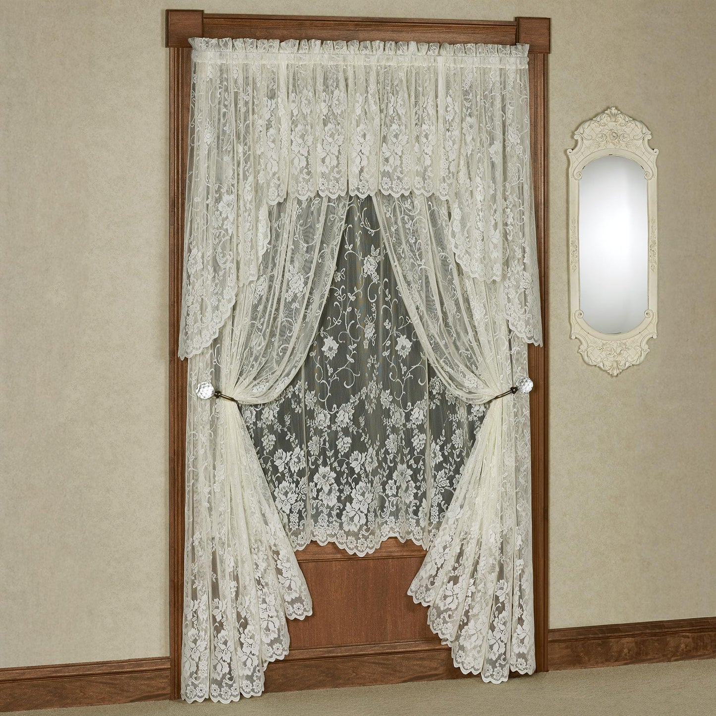 Luxury Sheer Polyester Enchanting Roses Lace Window Treatment | 5 Piece Set: Scallop Valance, 38L Swag Pair, 63L and 84L Panels | Classic Flower | Ivory | Rod Pocket | Machine wash | Light Filtering