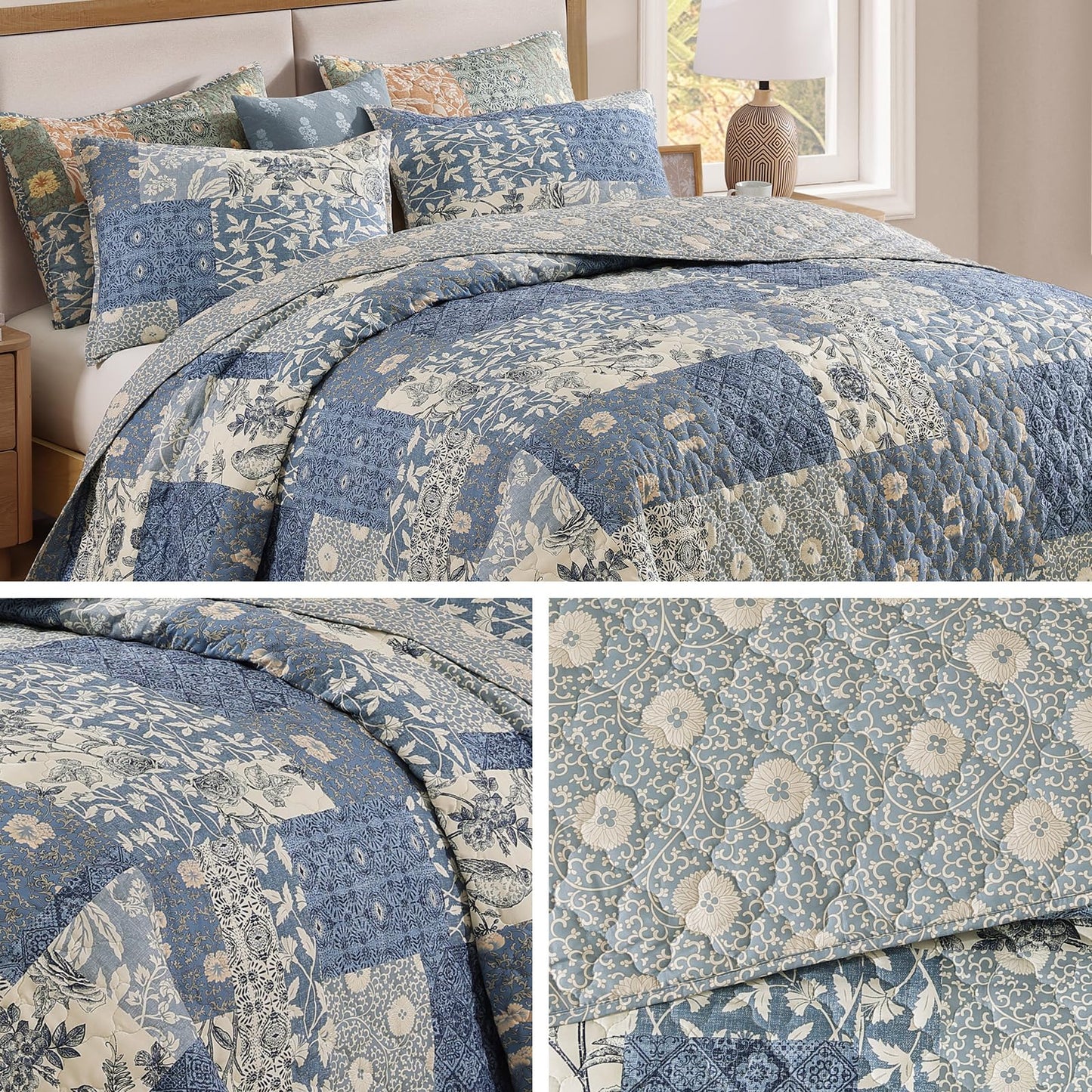 CASAAGUSTO Queen Quilt Set - 3 Pieces Patchwork Blue Quilt Bedding Set, Lightweight Queen Bedspread Coverlet, Reversible Floral Bed Cover for All Seasons (90"x94", 1 Quilt + 2 Pillow Shams)