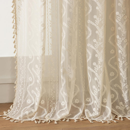 WAZZIO Boho Lace Curtains 2 Panels 84 Inches Long-Cute Vintage Victorian Sheer Panels with French Country Flower Pattern & Tassel Light Filtering Privacy for Bedroom Dining Living Room,Beige