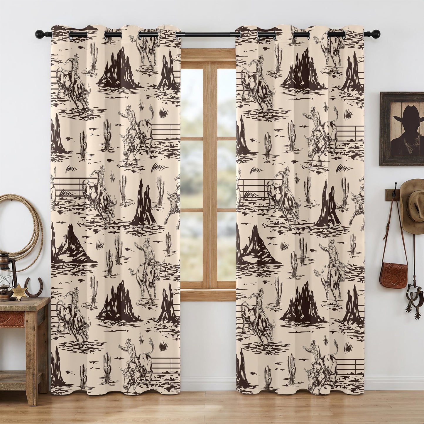 Western Cowboy Blackout Curtains – 100% Blackout Rustic Western Rodeo & Cowboy Design, Thermal Insulated Noise Reducing for Bedroom, Living Room & Man Cave (Desert Cowboy Sketch, W52xL84, 2 Panels)