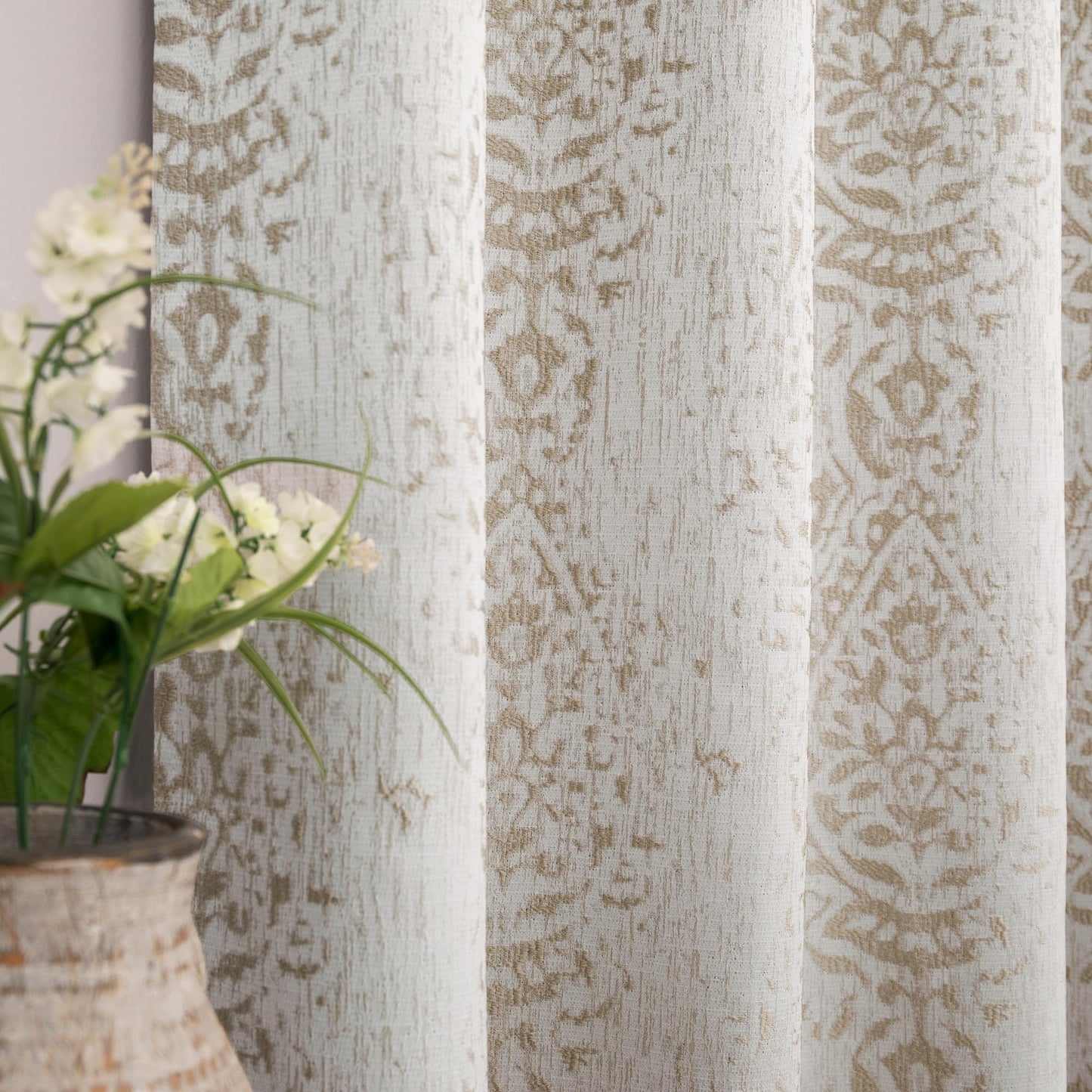 Taupe Neutral Patterned Curtains for Living Room, 84 Inch Long Semi Blackout Elegant Damask Geometric Textured Pattern Printed Light Blocking Window Curtain Drapes for Bedroom Dining, Tan Brown Beige