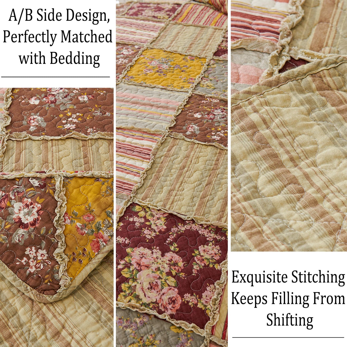 Cmfshape Floral Quilt Sets Bedspread Set 100% Cotton Patchwork Bedding Set, All Season Use Lightweight Reversible Coverlet Quilts with 2 Pillow Shams(Queen 90"x90")