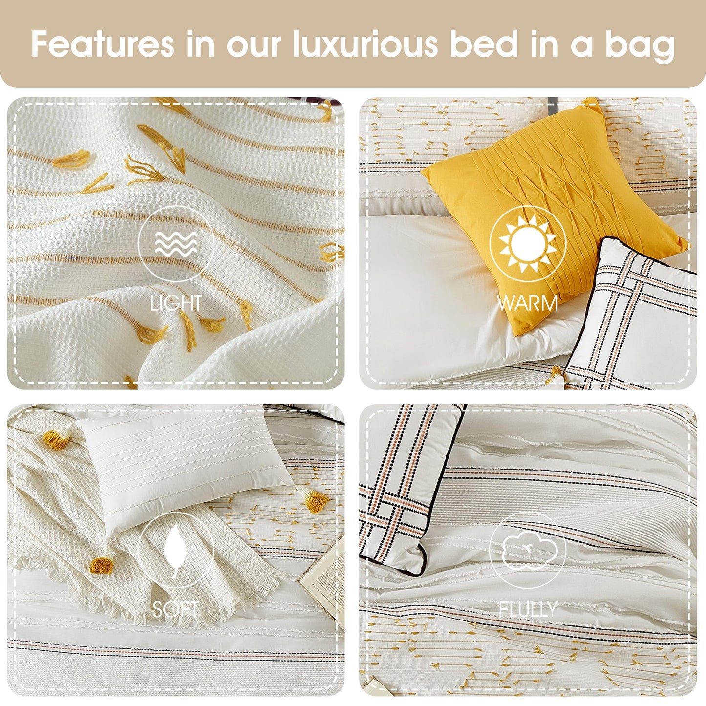 Stratford Park White Yellow Jacquard Comforter Set Queen Size, 7 Piece Striped Bedding Set, All Season Home Decor, Matching Pillow Shams, Bedskirt, Decorative Pillows