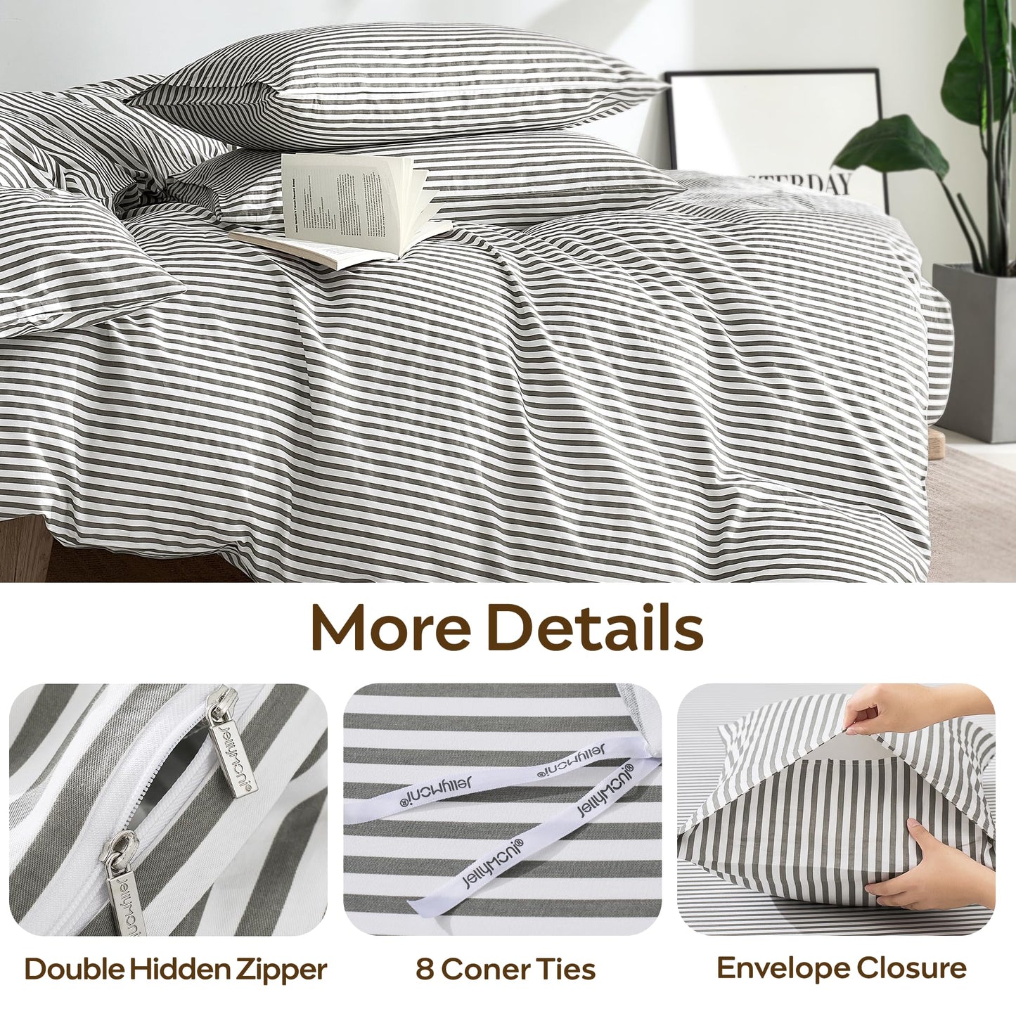 JELLYMONI 100% Natural Cotton 3pcs Striped Duvet Cover Sets,White Duvet Cover with Grey Stripes Pattern Printed Comforter Cover,with Zipper Closure & Corner Ties(Queen Size)