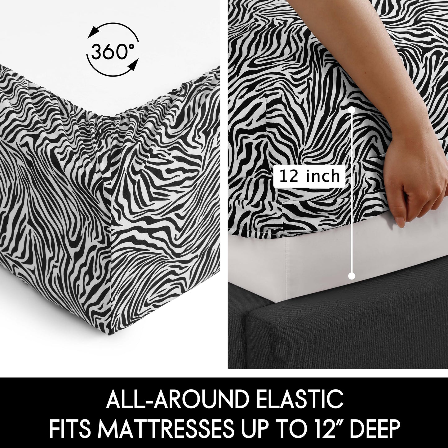 Beatrice Home Fashions Printed Microfiber Sheet Set, Soft Comfortable Easy Care, Includes 1 Fitted Sheet with 12" Deep Pockets, 1 Flat Sheet, Pillowcase, Full, Zebra