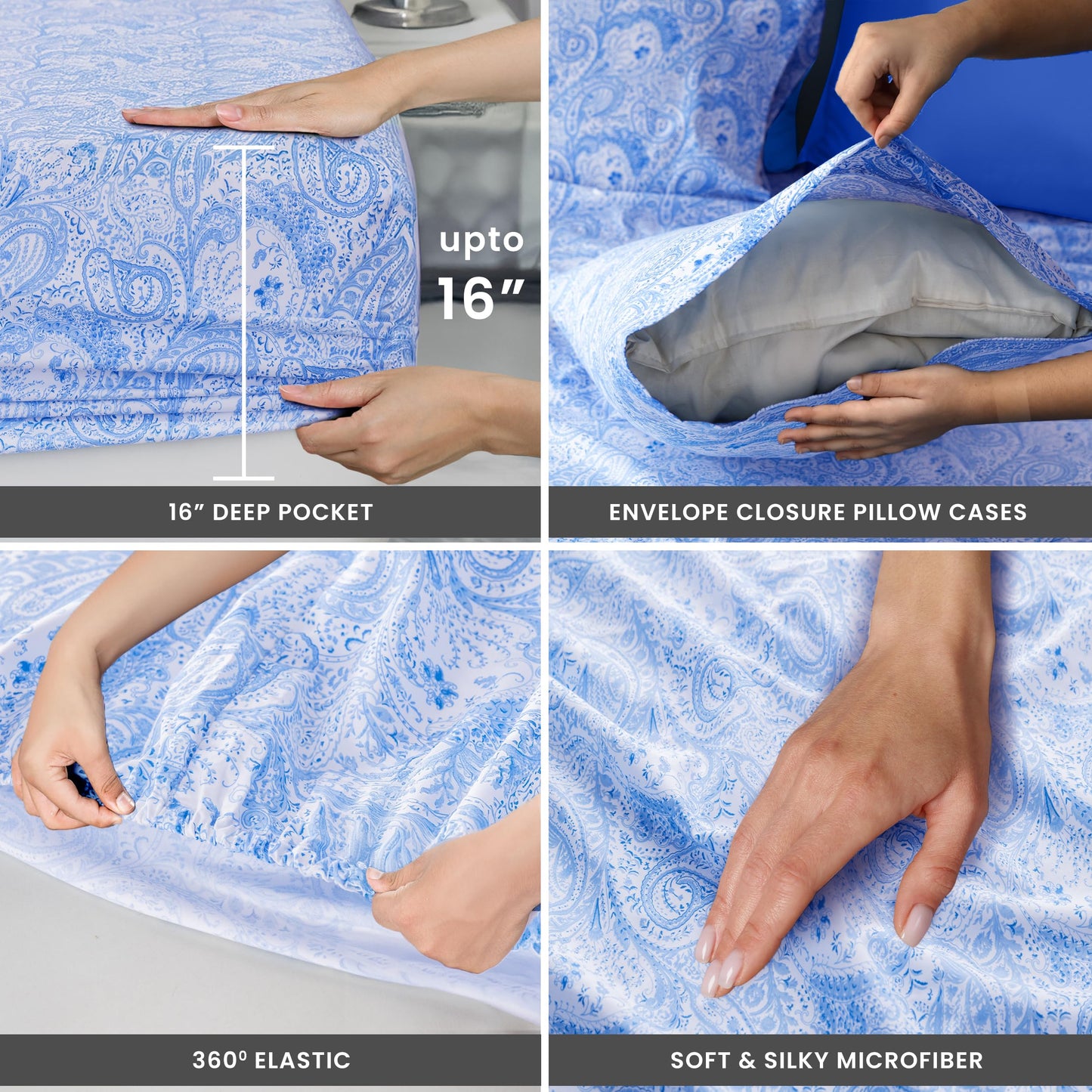 Ultra Soft Wrinkle-Free Microfiber Paisley Twin Sheet Set, Cute Floral Pattern Boho Print – 16" Deep Pocket Fitted Sheet, Flat Sheet & 2 Pillowcases, Breathable, OEKO-TEX - White/Blue
