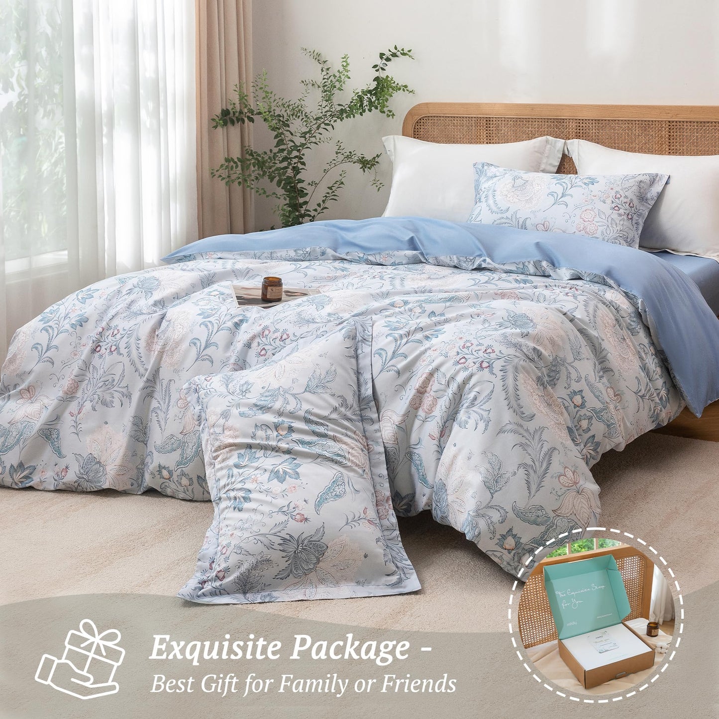 MILDLY Queen Duvet Cover Set - 100% Long-Staple Cotton Paisley Floral Patten Reversible Comforter Cover - 3Pcs Soft Breathable Luxury Bedding for All Season