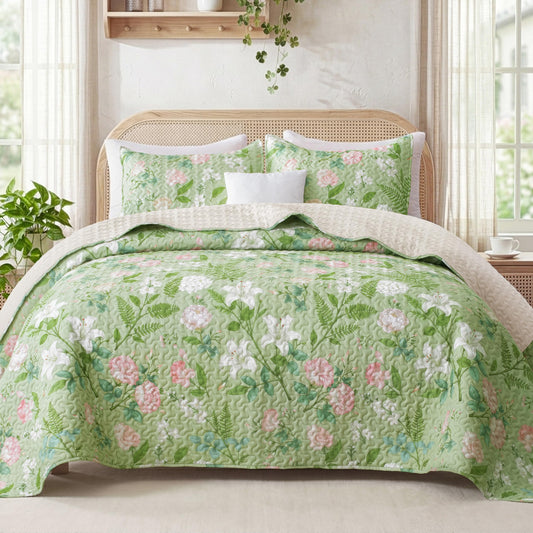 Exclusivo Mezcla Floral Quilt King Size, Green King Size Quilt Bedding Set with Blooming Vintage Garden Pattern, Reversible Lightweight Bedspreads Coverlets Bed Cover for All Seasons (104"x96")