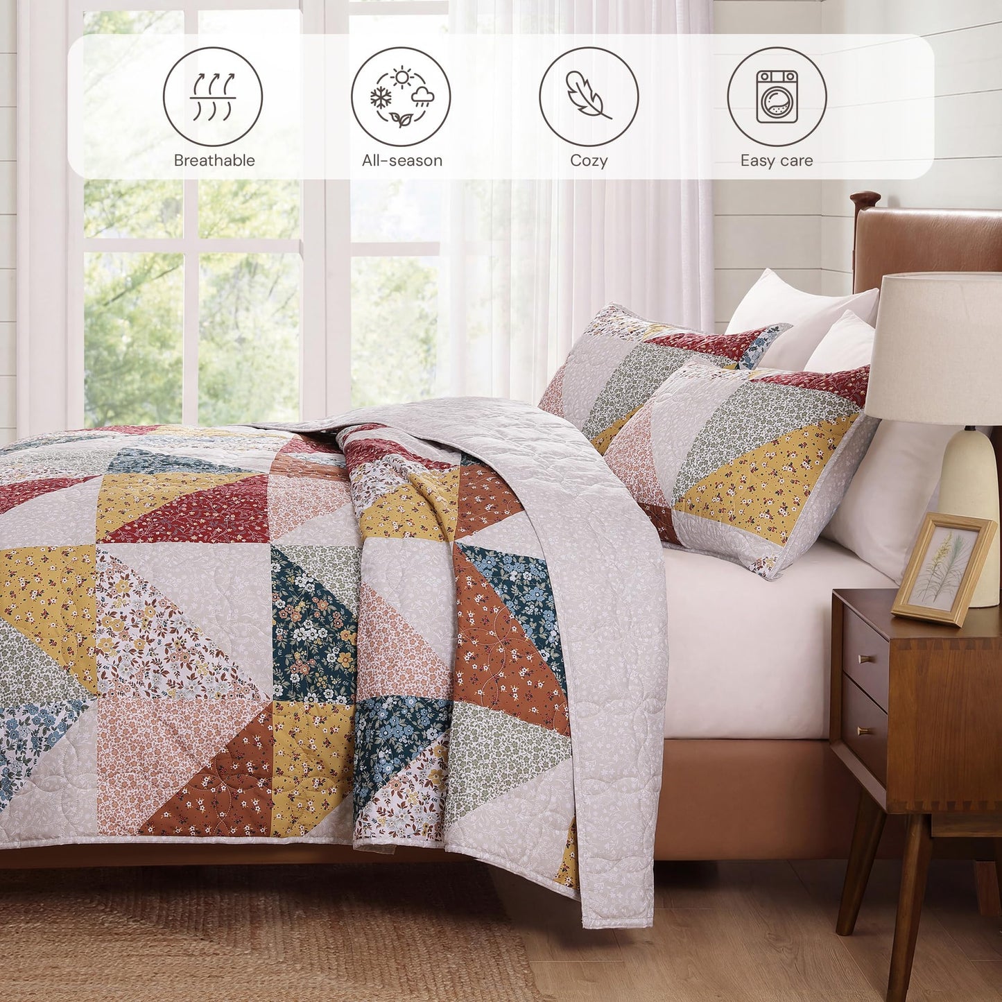 BLOOMHAVEN Quilt Set Queen Size, Patchwork Burnt Orange Floral Quilt Sets, Reversible Bedspread Lightweight and Breathable for All Seasons, Soft Quilted Bedspread with 2 Pillow Shams