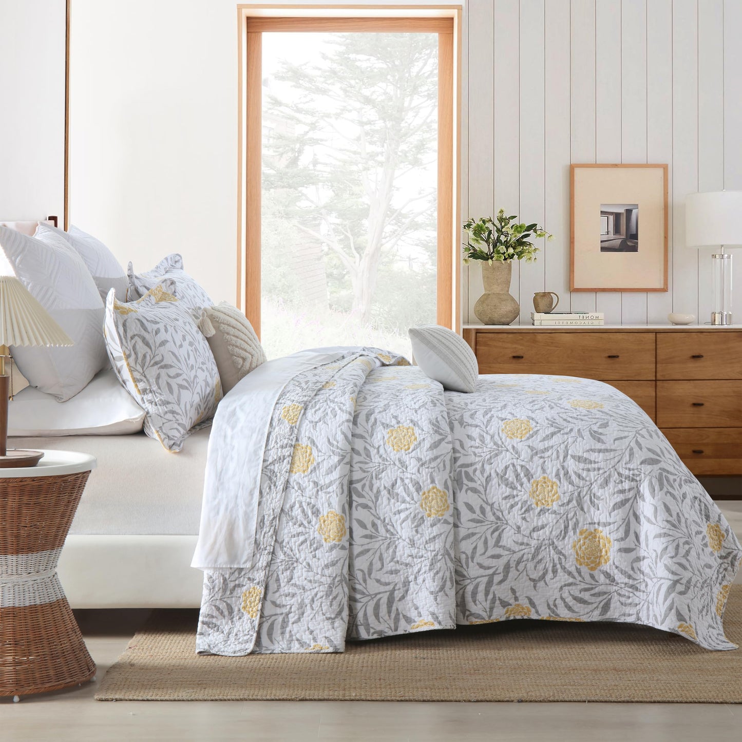 Homzard Floral Queen Comforter Set - 100% Cotton Quilts Queen Size,Yellow Gray White Bedspreads (90 * 98 Inch) with 2 Pillow Shams, Farmhouse Lightweight Bedding 3 Pieces