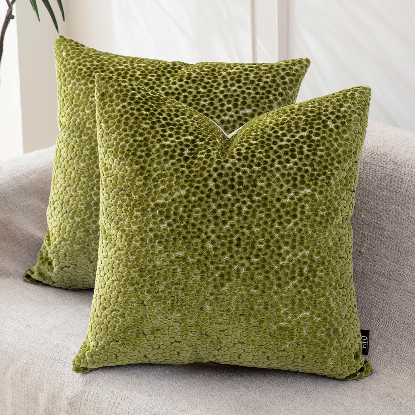 FIFU 18x18 Inch Throw Pillow Cover Set of 2 - Jacquard Velvet Cut-Pile with Linen-Look Back, Invisible Zipper, Soft Decorative Cushion Case for Couch Sofa Bedroom Living Room, Machine Washable, Olive