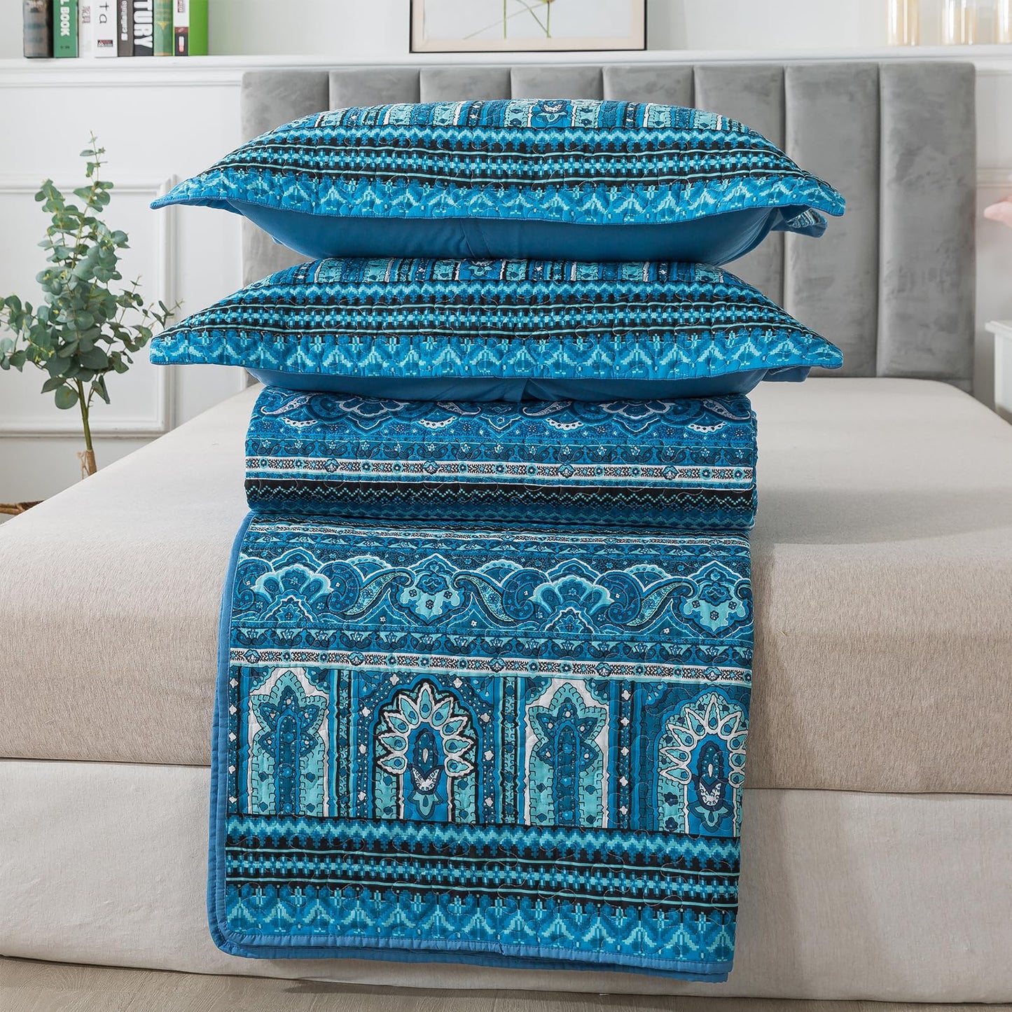 BEDIFANY Cotton Queen Quilt Sets, Lightweight Boho Queen Size Quilt Bedding Set with 2 Pillow Shams for Bed Decorations, Reversible Quilted Bedspread Coverlets for All Seasons