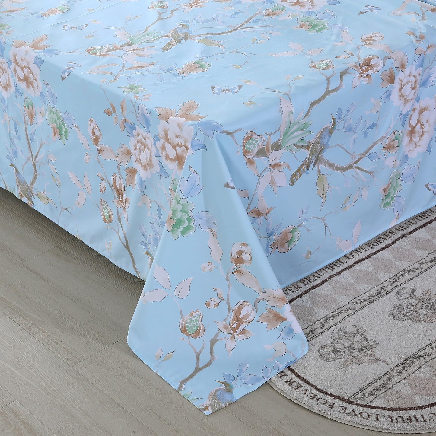 RYNGHIPY Egyptian Cotton Bed Sheet Set Blue Bird Botanical Pattern Bed Sheets Deep Pocket Fitted Sheet Tree Branches Print Bedding Soft Breathable (Light Blue,King Size)