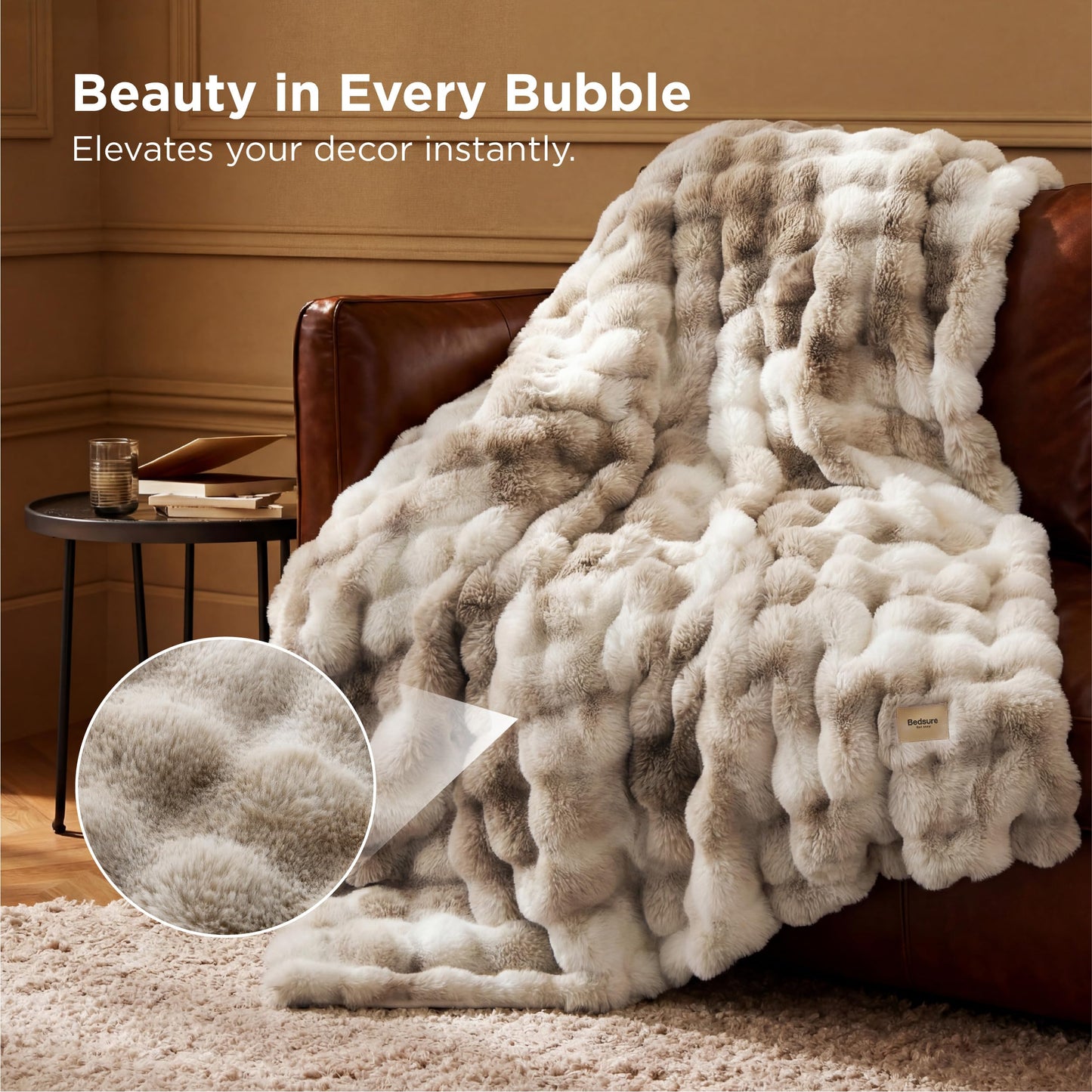 Bedsure Soft Fluffy Faux Fur Throw Blanket for Couch Sofa Chair, Fuzzy Fleece Bubble Blanket Cozy Gifts for Women Men Teen Girls, Taupe Brown Cloud Throw Minky Bed Cover Thick Warm Plush Bedding
