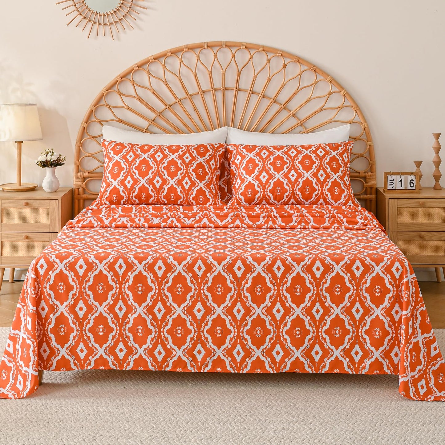 Yibeizi Orange Patterned Queen Sheet Set Boho Printed Bed Sheets Microfiber Bedding Sheets & Pillowcases Soft 15" Extra Deep Pocket Fitted Bedsheet 4 Piece