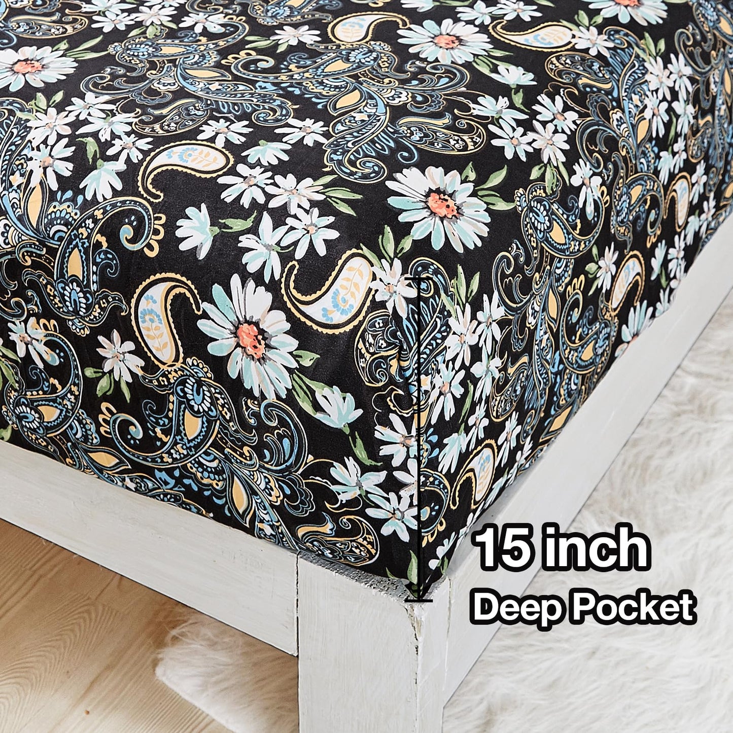 JSD Black Paisley Floral Printed Sheet Set Queen Size, 4 Piece Soft Pattern Microfiber Sheets Extra Deep Pocket