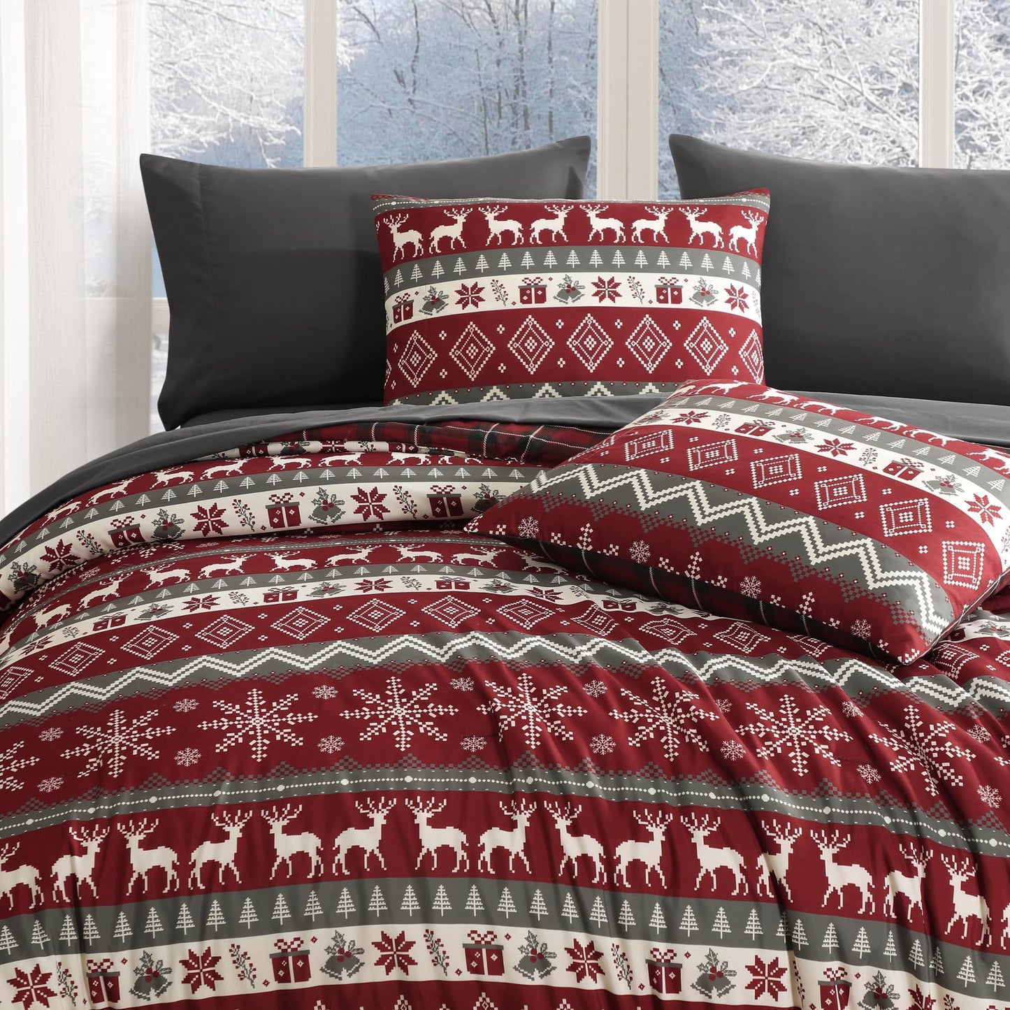 MaiRêve Christmas Queen Comforter Set, Red Reindeer Snowflake Bed Set for Holiday, Reversible Plaid Checkered Comforter Bed in a Bag, Soft Bedding Set 7 Pieces with Sheets, Pillowcases & Shams