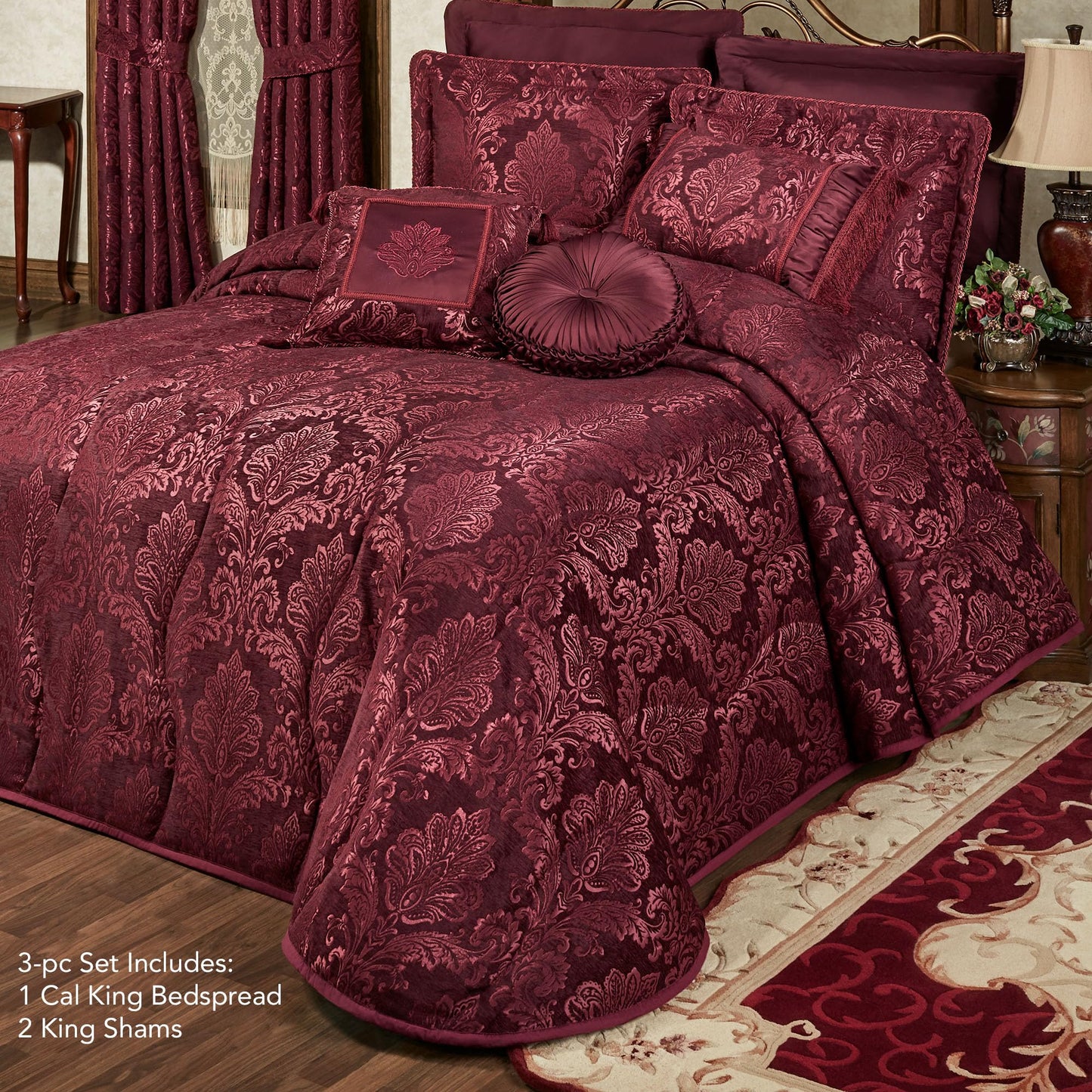 Touch of Class Camelot Luxury Bedding | Robust Burgundy | Matte Satin Damask on Richly Textured Jacquard-Woven Chenille | Designed 3 Piece Set Includes Cal King Quilted Bedspread & 2 King Shams