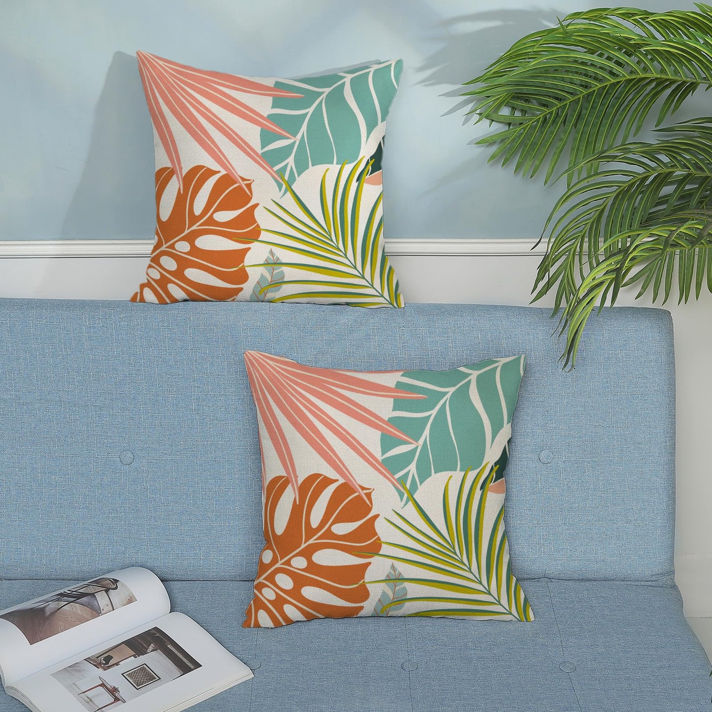 GOLIANDA Summer Tropical Pillow Covers 18x18 Set of 2, Monstera Palm Leaf Pillowcase Green Orange Botanical Coral Summer Throw Pillows Outdoor Decor Farmhouse Cushion Case Linen Decorative for Home