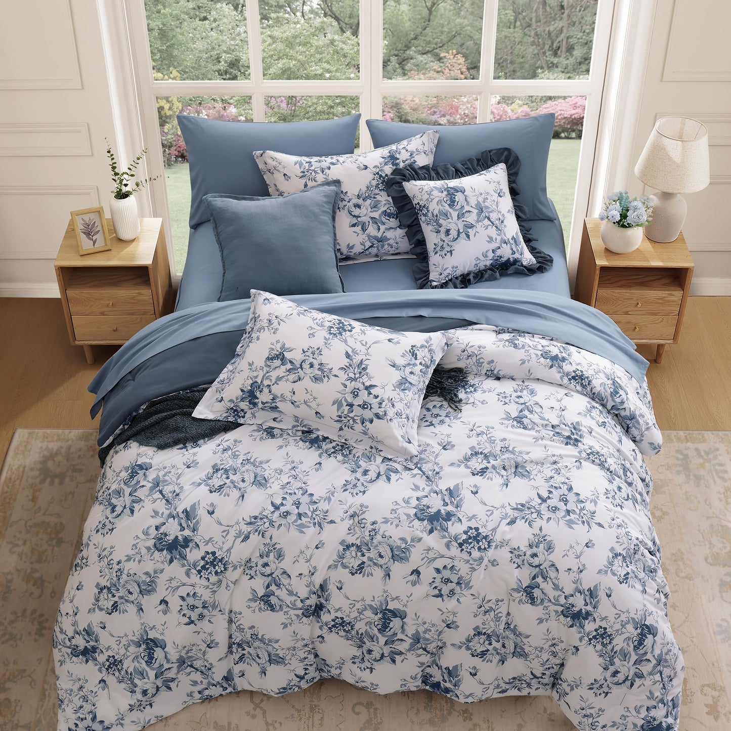 BLOOMHAVEN Queen Comforter Set -7 Pieces Floral Blue Comforter Set for All Seasons, Bed in a Bag Queen with Botanical Flowers Comforter, Sheets, Pillowcases & Shams