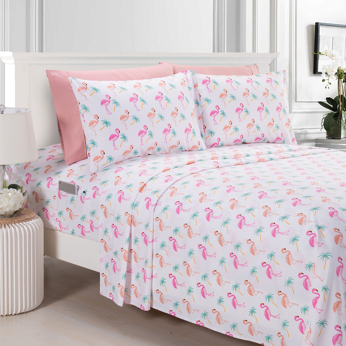 Elegant Comfort Ultra-Soft Double Brushed 6-Piece Microfiber Sheet Set Beautiful Tropical Patterns, and Vibrant Solid Colors, Luxury, All-Season Bed Sheet Set - Flamingo, Queen
