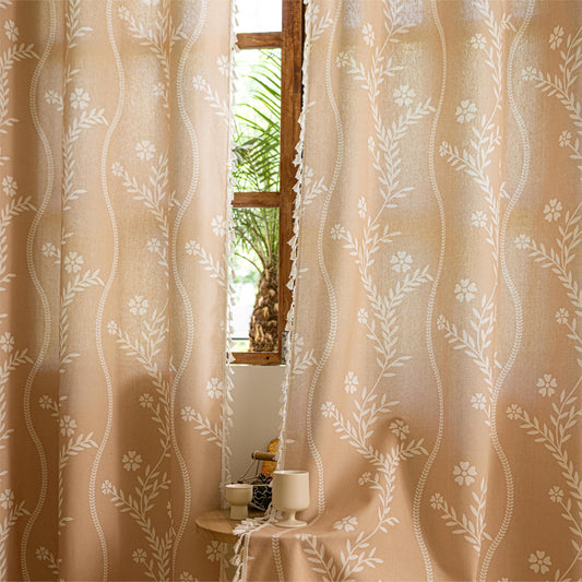 Sutuo Home Beige Boho Curtains 2 Panels for Bedroom Living Room 84 inches Long, Light Filter Silver Grommet Print Floral Linen Curtains with Tassels Farmhouse Vintage Window Treatments,52" W x 84" L
